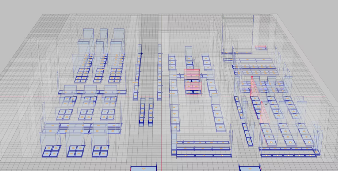 Plan 3D interactif d’un entrepôt logistique montrant la disposition des rayonnages et des chemins de circulation.