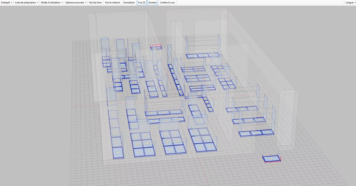 Modélisation en 3D d’un entrepôt pour optimiser la préparation des commandes et la gestion des emplacements de stockage.
