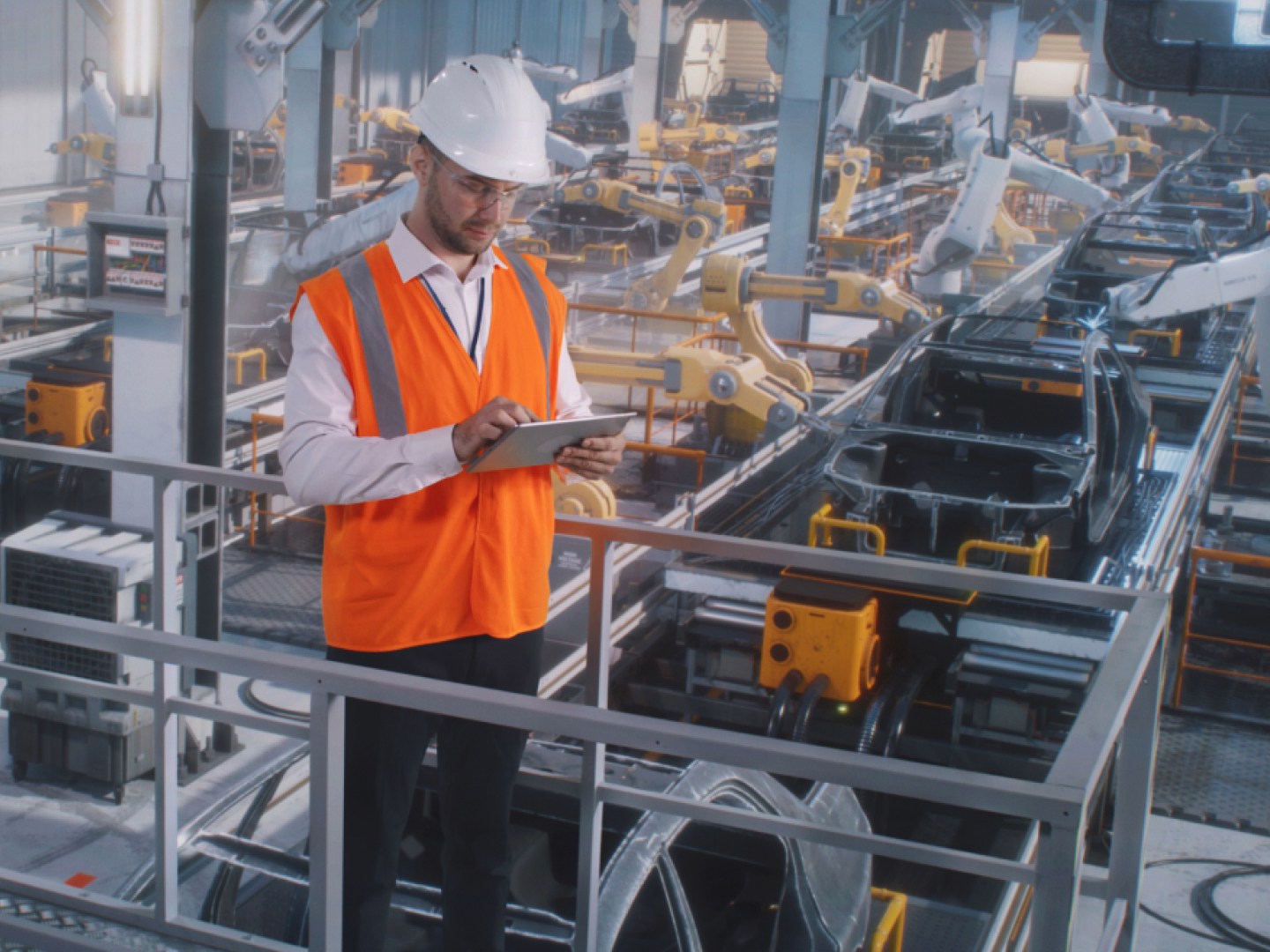 Ingénieur contrôlant une chaîne de production automobile automatisée avec une tablette