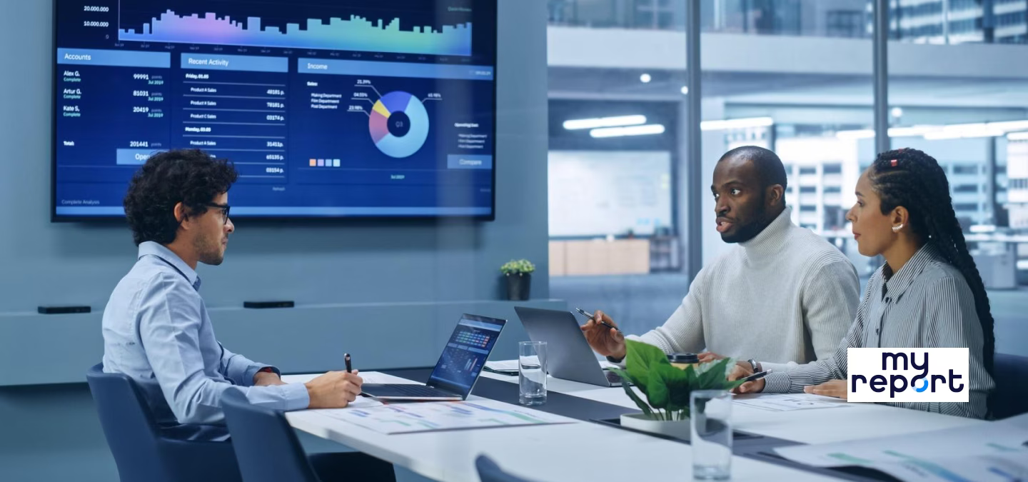 Interface MyReport illustrant un tableau de bord de reporting décisionnel pour le pilotage de la performance de l’entreprise.