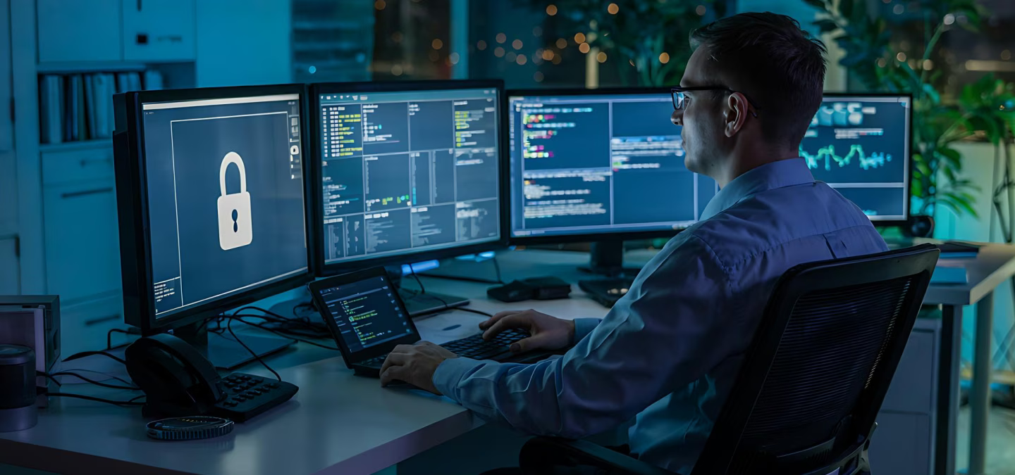 Analyste en cybersécurité travaillant de nuit sur plusieurs écrans affichant des données, du code et un symbole de verrouillage