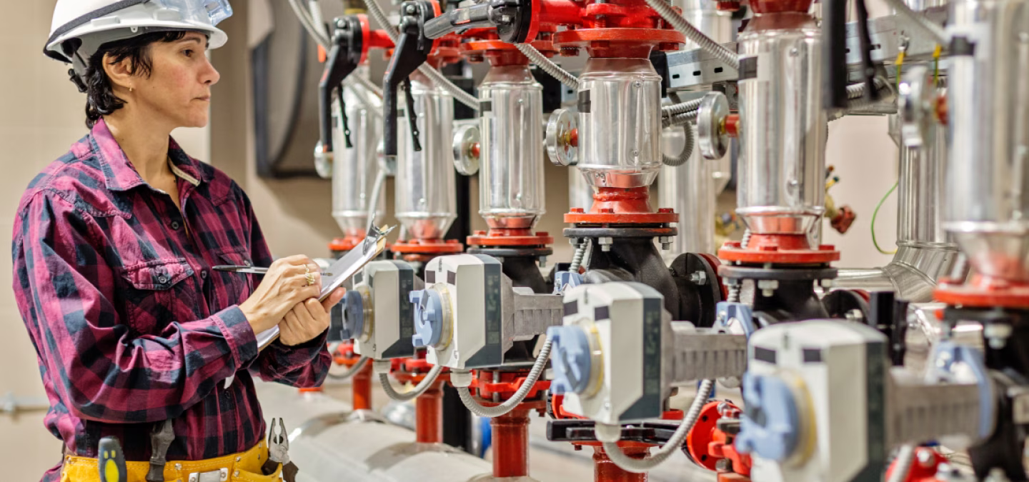 Technicienne effectuant un contrôle de maintenance sur des équipements industriels avec vannes et pompes