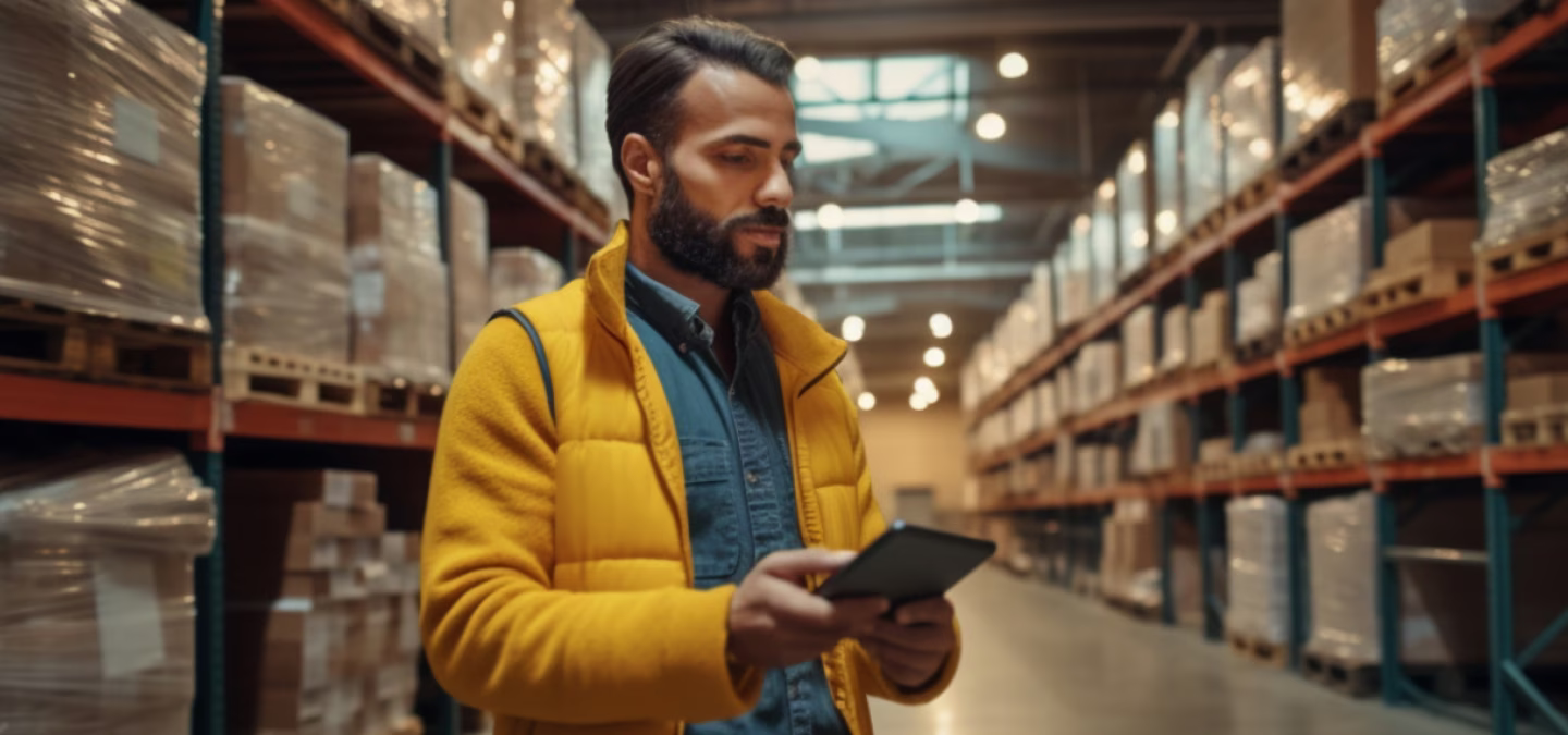Gestionnaire logistique utilisant une tablette pour superviser les stocks dans un entrepôt