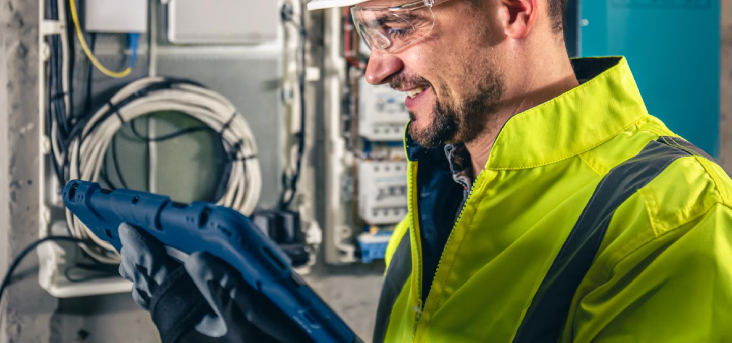 Technicien en maintenance industrielle utilisant une tablette durcie pour contrôler une armoire électrique